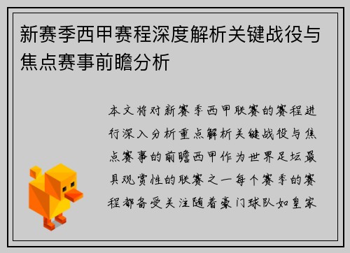 新赛季西甲赛程深度解析关键战役与焦点赛事前瞻分析