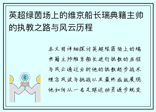 英超绿茵场上的维京船长瑞典籍主帅的执教之路与风云历程