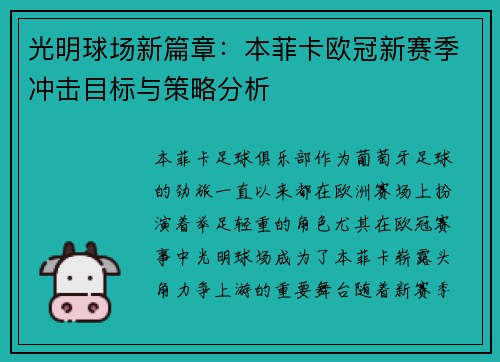 光明球场新篇章：本菲卡欧冠新赛季冲击目标与策略分析