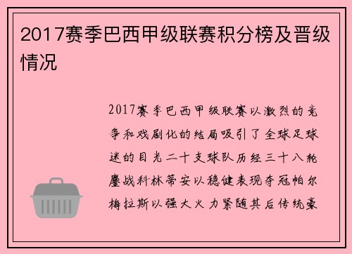 2017赛季巴西甲级联赛积分榜及晋级情况